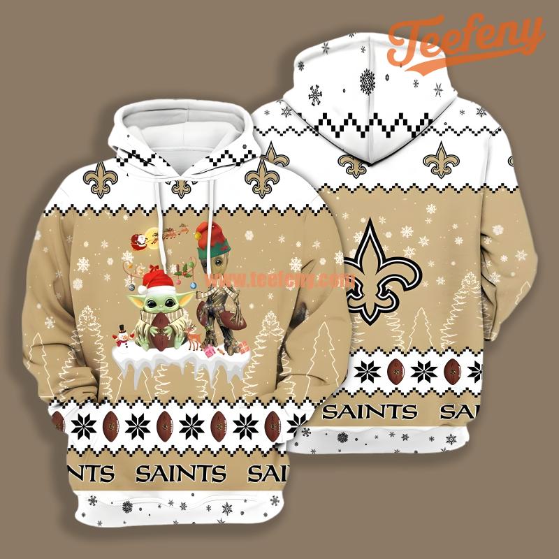 New Orleans Saints Santa Baby Yoda Groot Yellow White Illusion 3D Hoodie
