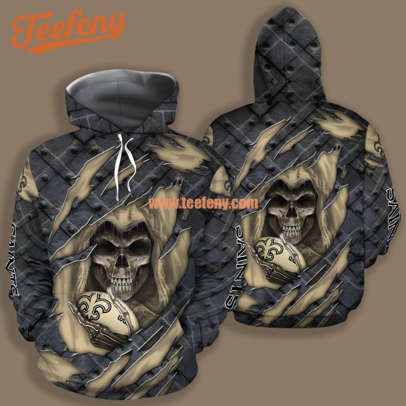 New Orleans Saints Skull Cracked Grey Yellow Design 3D Hoodie