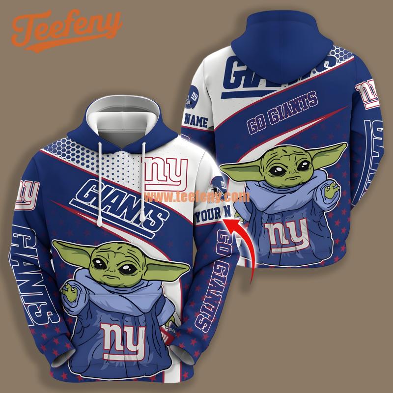 New York Giants Baby Yoda Personalized White Blue 3D Hoodie