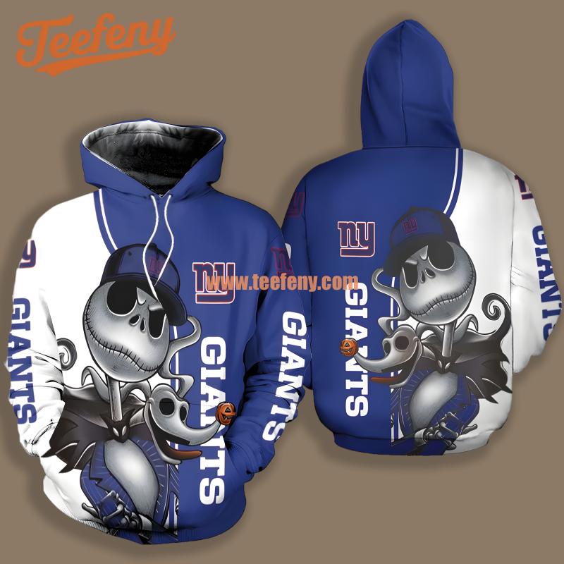 New York Giants Jack Skellington Zero Halloween White Blue Printing 3D Hoodie