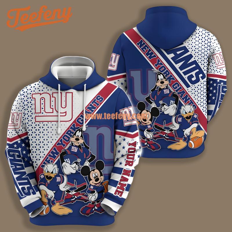 New York Giants Mickey Goofy White Blue 3D Hoodie Zipper