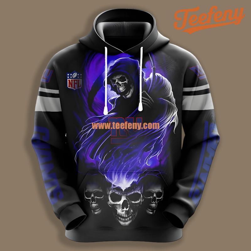 New York Giants Skull Black Blue Full Print 3D Hoodie