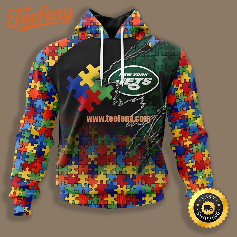 New York Jets Autism Awareness Blue White Design 3D Hoodie
