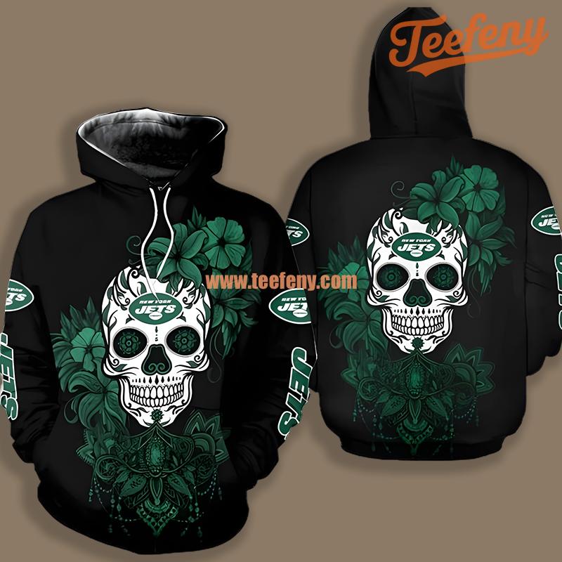 New York Jets Flower Skull Black Green Mens 3D Hoodie
