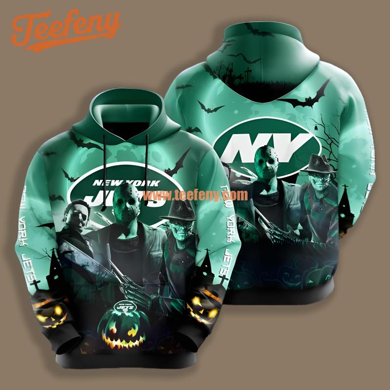 New York Jets Freddy Krueger Michael Myers Halloween Green Printed 3D Hoodie