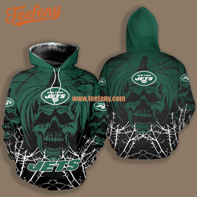 New York Jets Halloween Pumpkin Skull Black Green Pullover 3D Hoodie