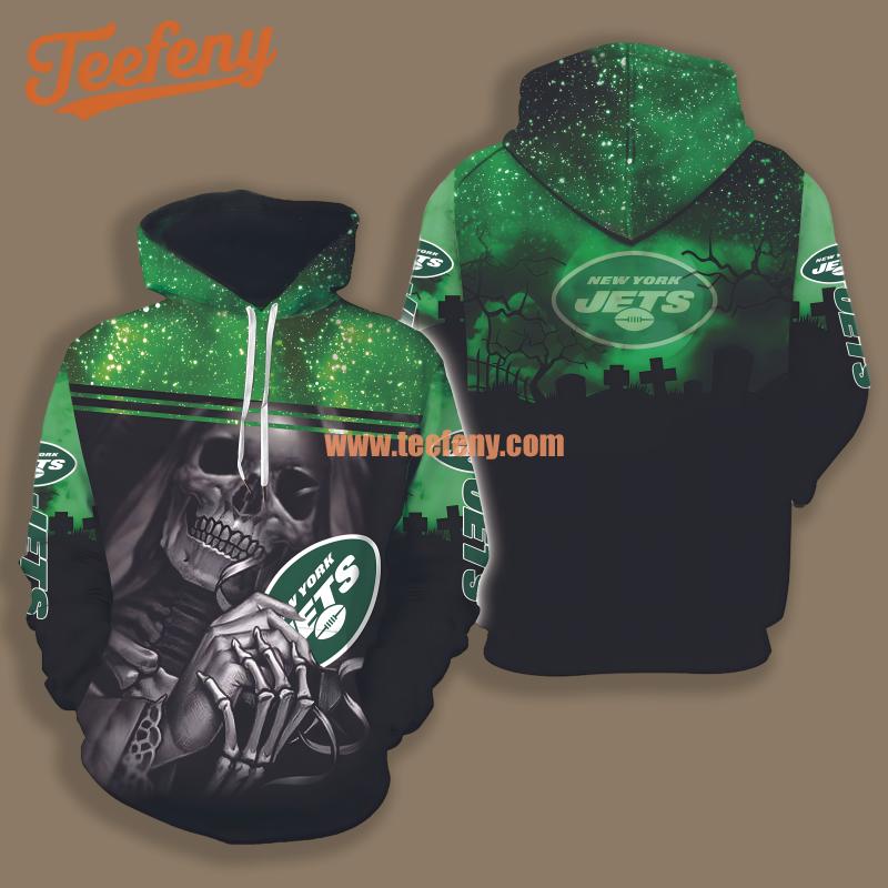 New York Jets Halloween Skull Green Black 3D Puff Print Hoodie