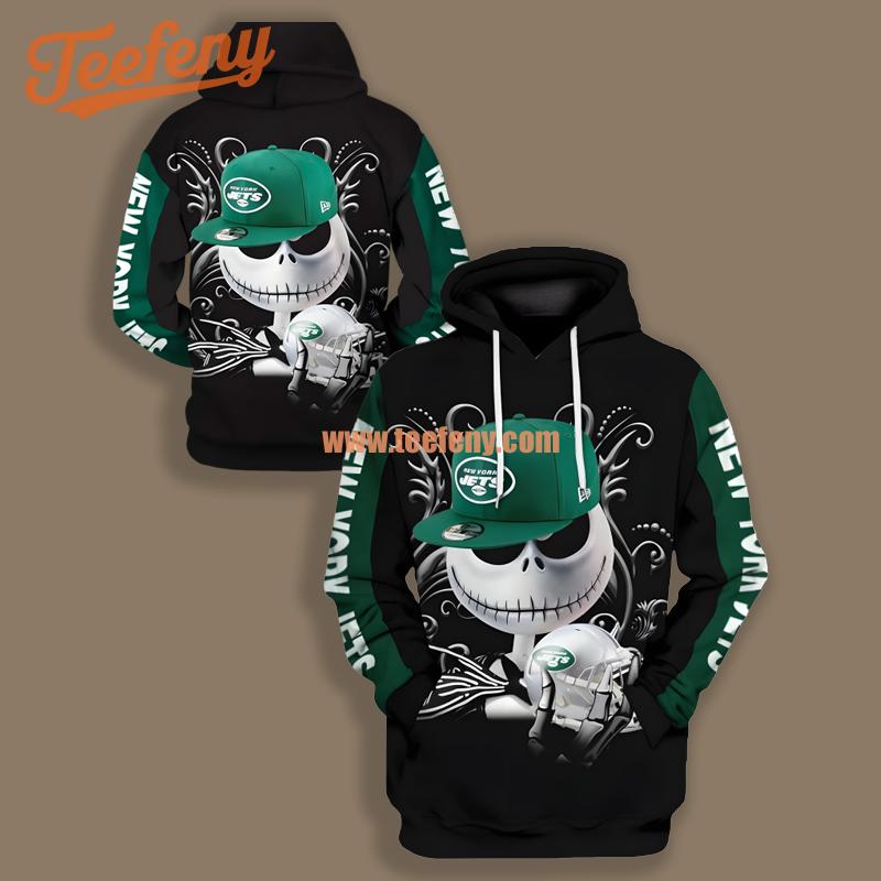 New York Jets Jack Skellington Halloween Black Green Puff Print 3D Hoodie