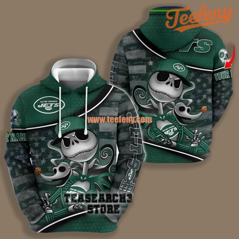 New York Jets Jack Skellington Halloween Green 3D Zip Up Hoodie
