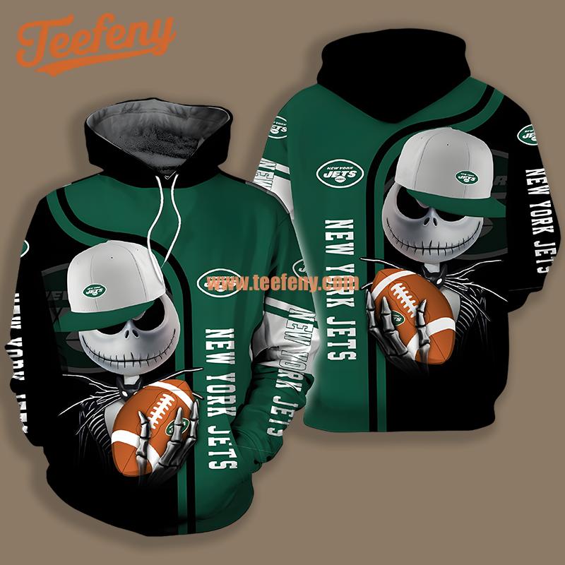 New York Jets Jack Skellington Halloween Green Black Zipper 3D Hoodie