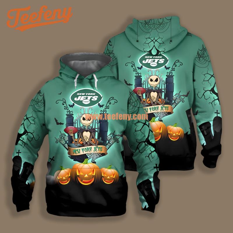 New York Jets Jack Skellington Pumpkin Halloween Black Green Mens 3D Hoodie