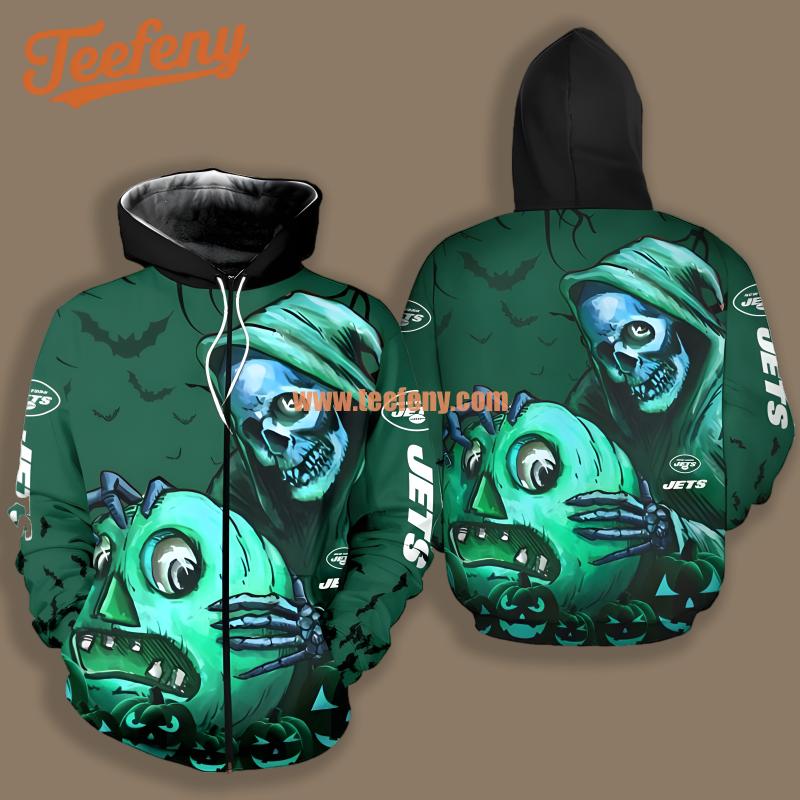 New York Jets Pumpkin Skull Halloween Green 3D Cool Hoodie