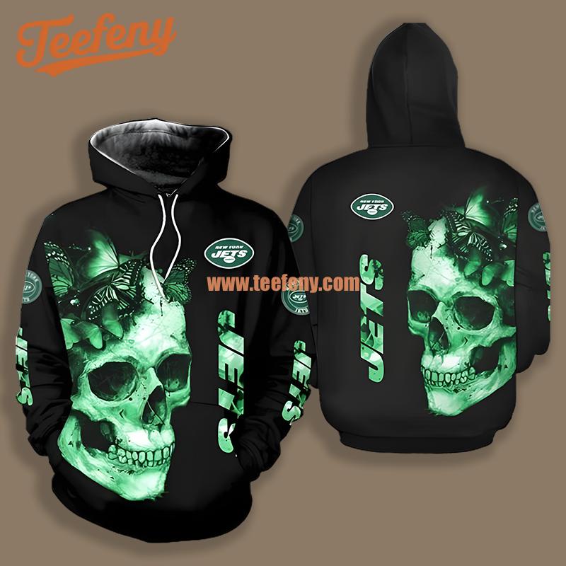 New York Jets Skull Butterflies Black Green Design 3D Hoodie