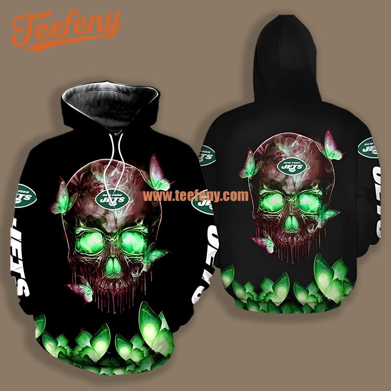 New York Jets Skull Butterflies Black Green For Men 3D Hoodie