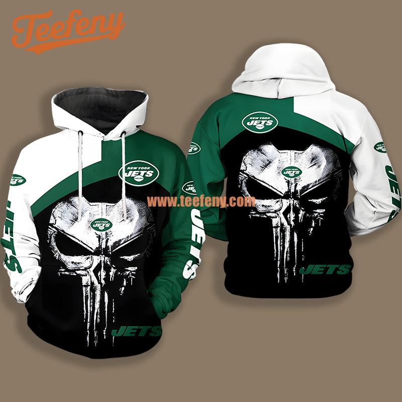 New York Jets Skull Punisher Green White Zipper 3D Hoodie