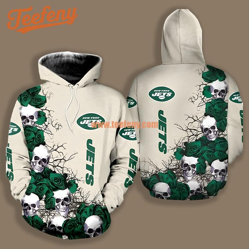 New York Jets Skull Rose Halloween White Green Realistic 3D Hoodie