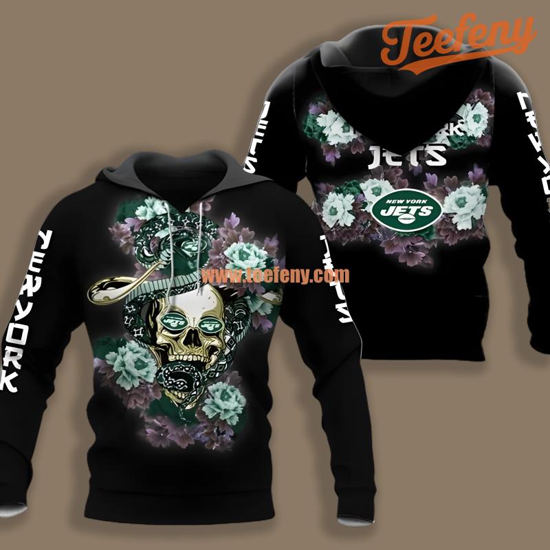 New York Jets Skull With Snake Black 3D Pattern Hoodie