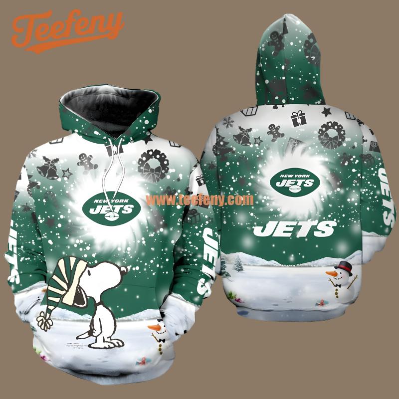 New York Jets Snoopy Snowman Christmas Green White Realistic 3D Hoodie