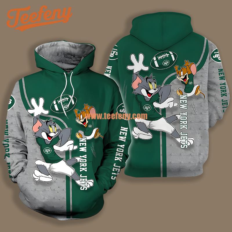 New York Jets Tom And Jerry Green Grey 3D Hoodie Pullover