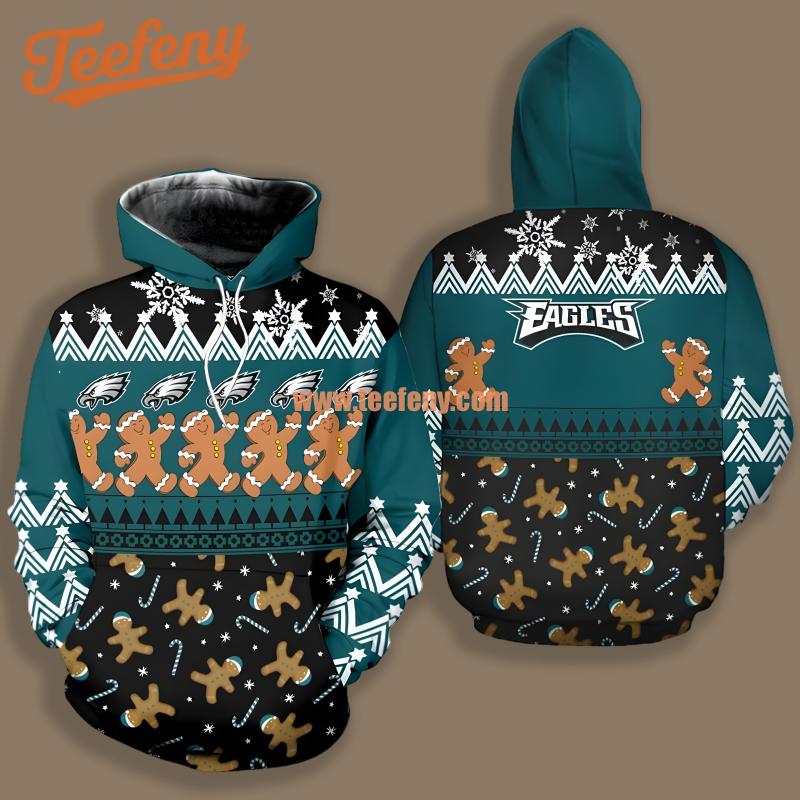 Philadelphia Eagles Christmas Gingerbread Black Blue 3D Graphic Hoodie
