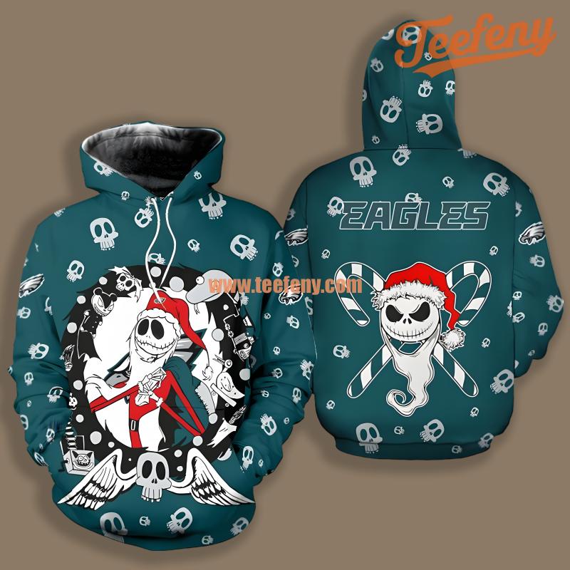 Philadelphia Eagles Christmas Jack Skellington Blue 3D Fashion Hoodie
