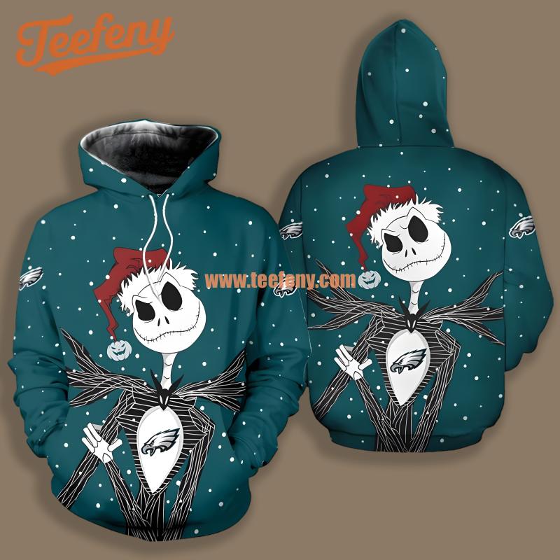 Philadelphia Eagles Christmas Santa Jack Skellington Blue 3D Printed Hoodie