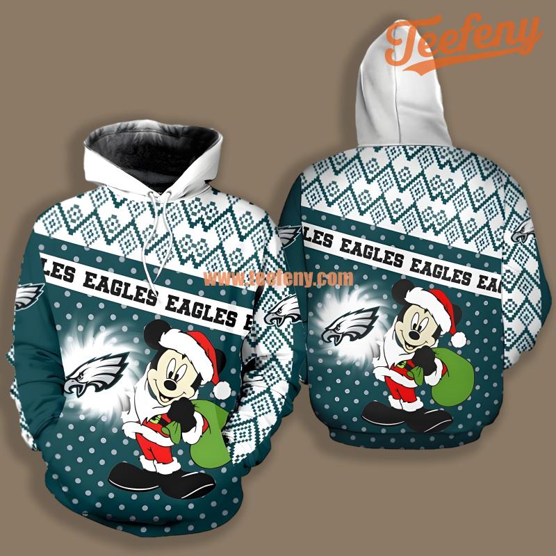 Philadelphia Eagles Christmas Santa Mickey Blue 3D Printed Hoodie