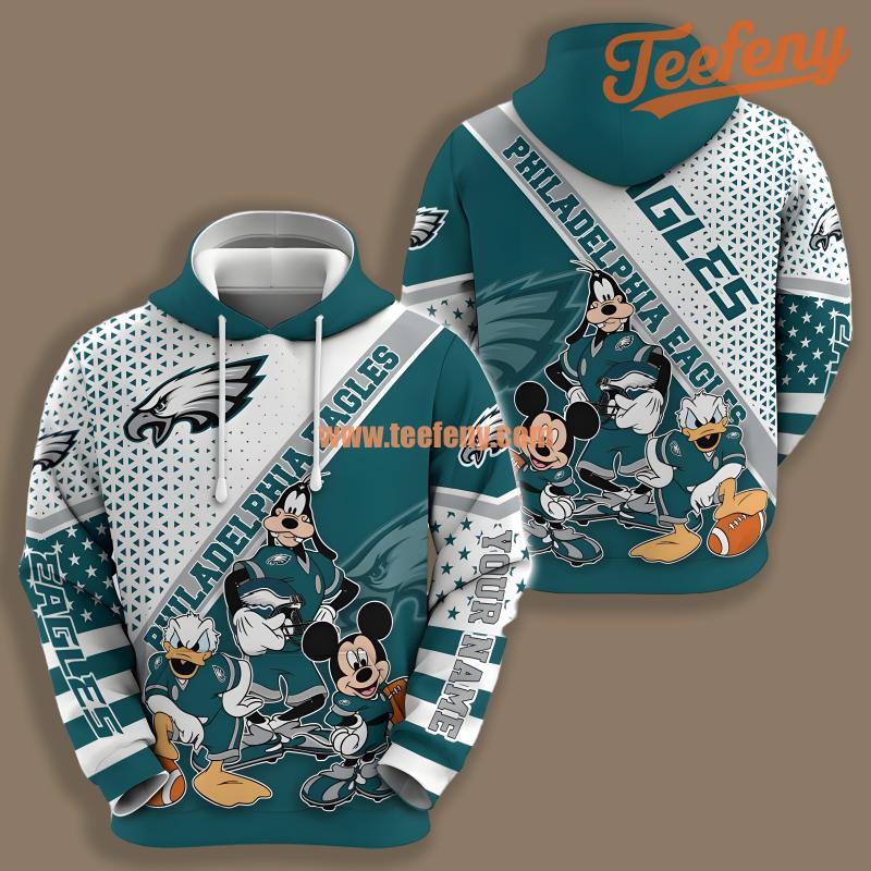 Philadelphia Eagles Donald Duck Goofy Mickey Blue 3D Hoodie