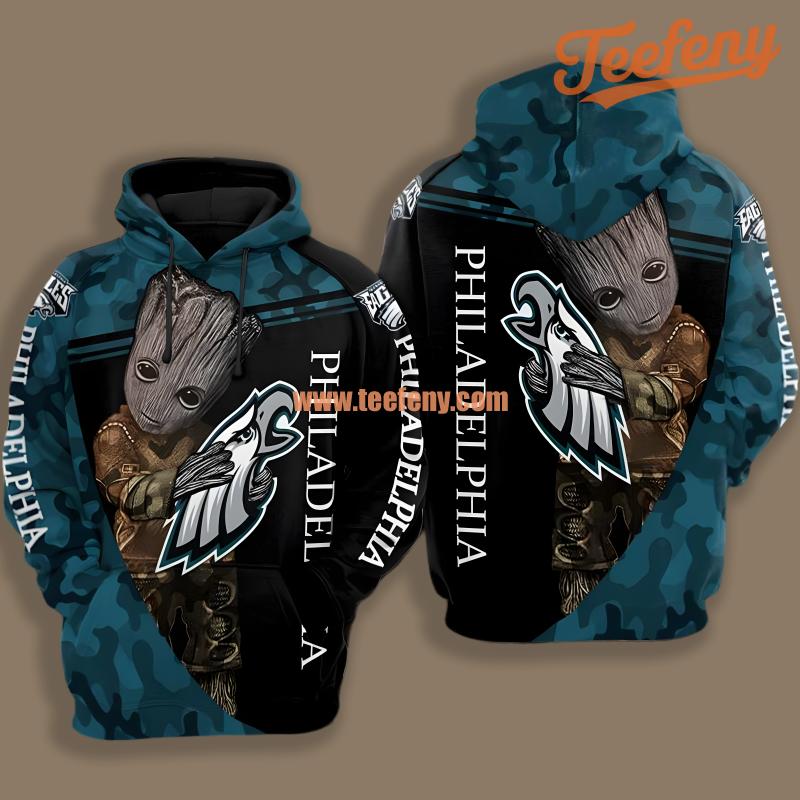 Philadelphia Eagles Groot Hugging Black Blue Horror 3D Hoodie