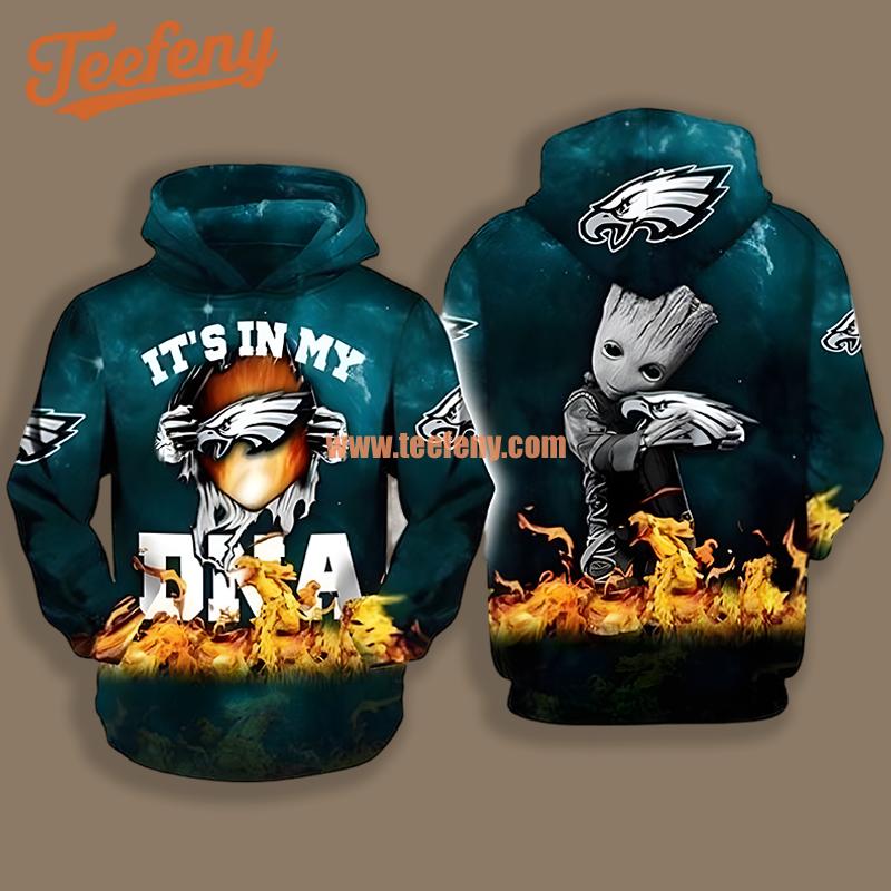 Philadelphia Eagles Groot My Dna Blue Design 3D Hoodie