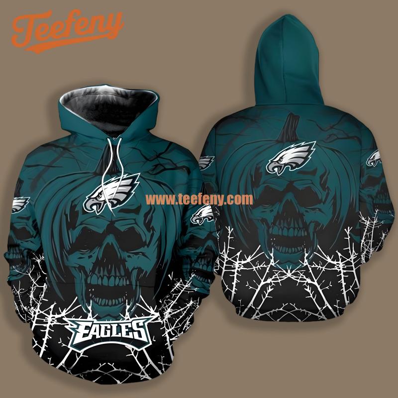 Philadelphia Eagles Halloween Pumpkin Skull Black Blue Puff Print 3D Hoodie