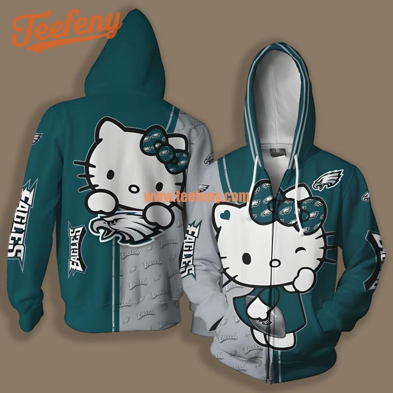 Philadelphia Eagles Kitty Cat Hug Blue White Design 3D Hoodie