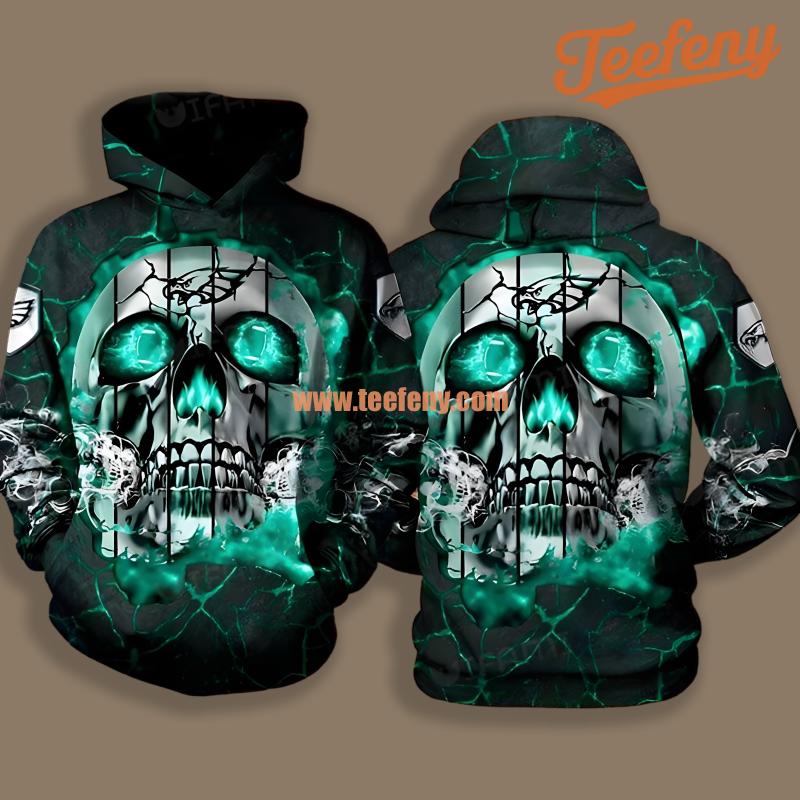 Philadelphia Eagles Neon Skull Blue 3D Youth Hoodie