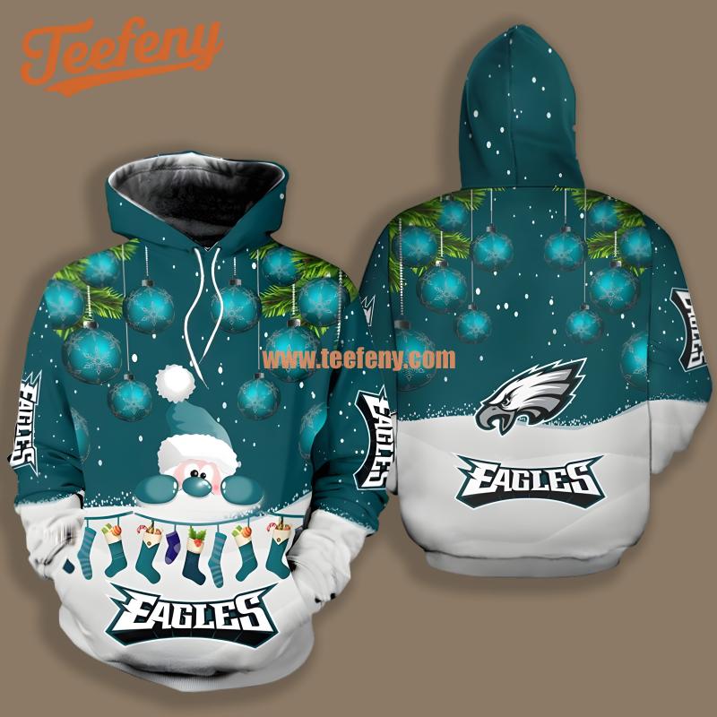 Philadelphia Eagles Santa Claus Christmas White Blue Mens 3D Hoodie