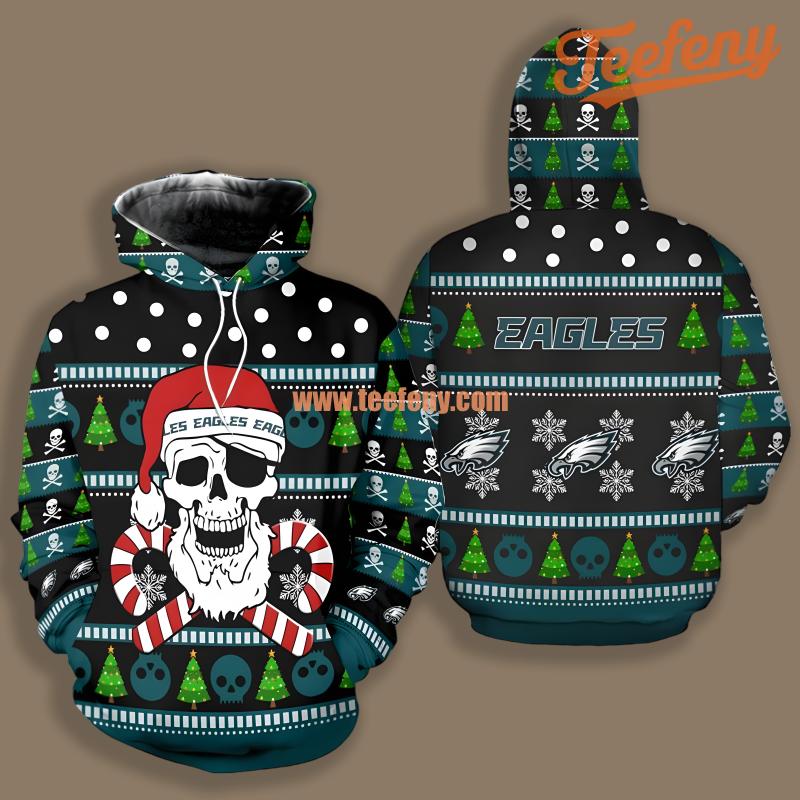Philadelphia Eagles Santa Skull Candy Black 3D Printed Hoodie
