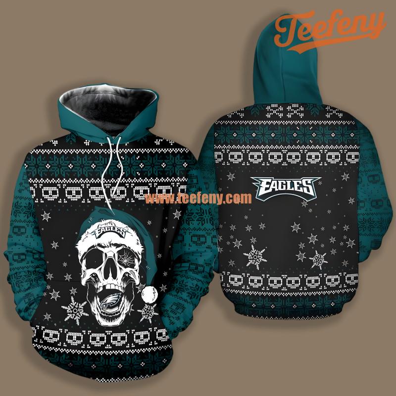 Philadelphia Eagles Santa Skull Christmas Black Blue 3D Hoodie Printing