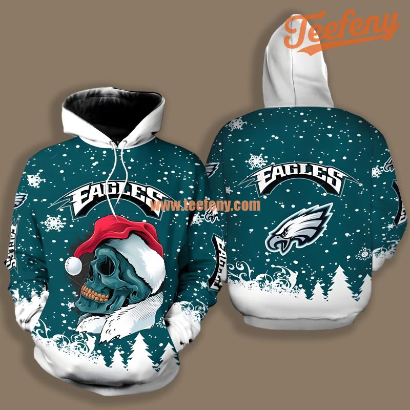 Philadelphia Eagles Santa Skull White Blue Zip Up 3D Hoodie