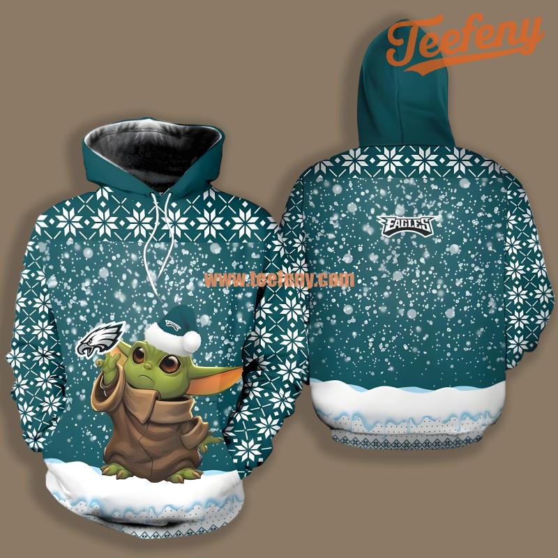 Philadelphia Eagles Santa Yoda Christmas White Blue 3D Hoodie Printing