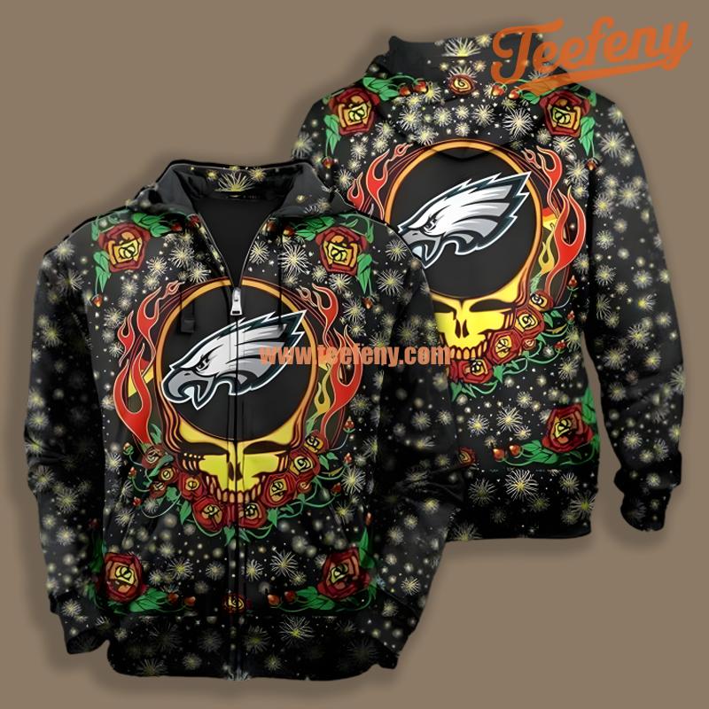 Philadelphia Eagles Skull Flower Black Art 3D Hoodie