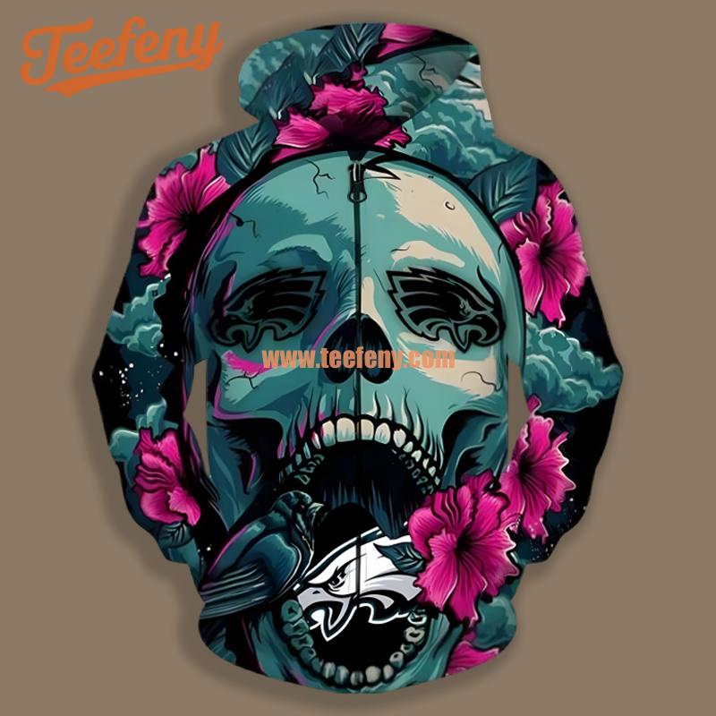 Philadelphia Eagles Skull Flower Black Blue Print 3D Hoodie