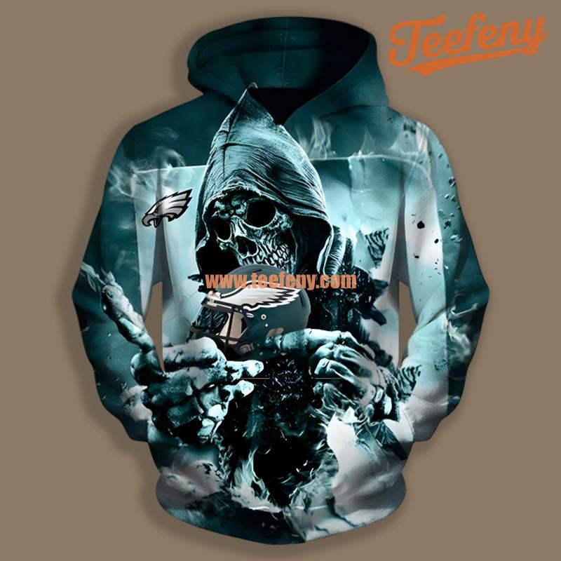 Philadelphia Eagles Skull Halloween Black Blue Design 3D Hoodie
