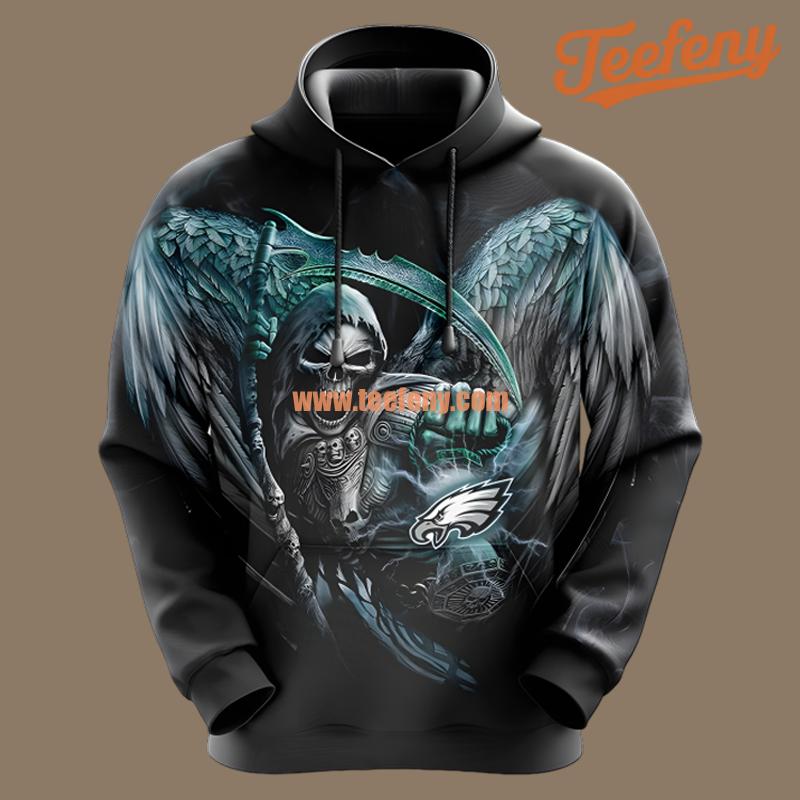 Philadelphia Eagles Skull Wings Black Art 3D Hoodie