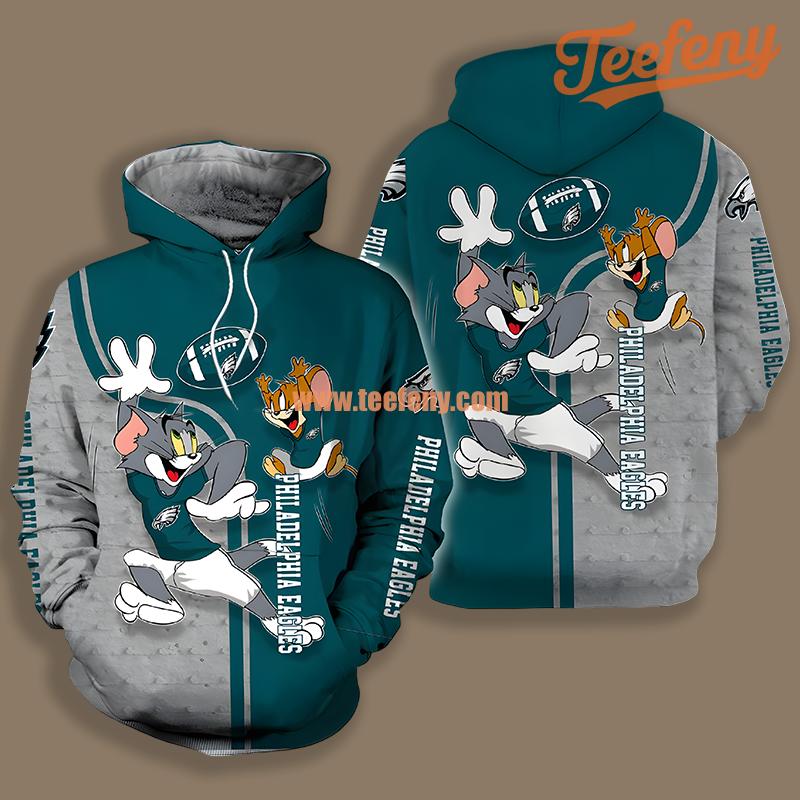 Philadelphia Eagles Tom And Jerry Grey Blue 3D Youth Hoodie