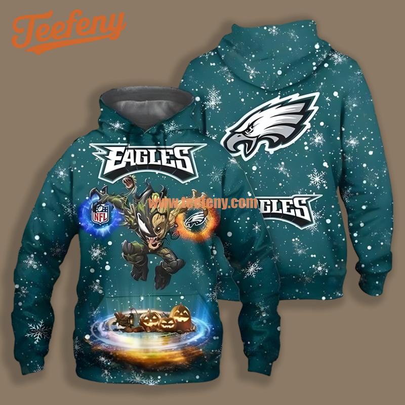 Philadelphia Eagles Venom Groot Pumpkin Halloween Blue 3D Novelty Hoodie