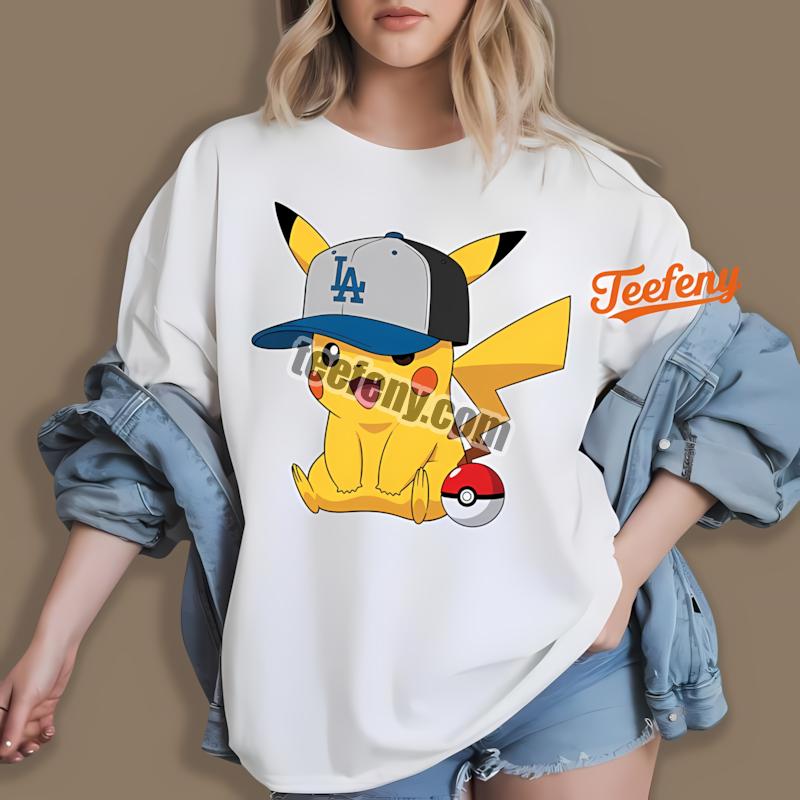Pikachu Wearing Los Angeles Dodgers Baseball Hat Shirt