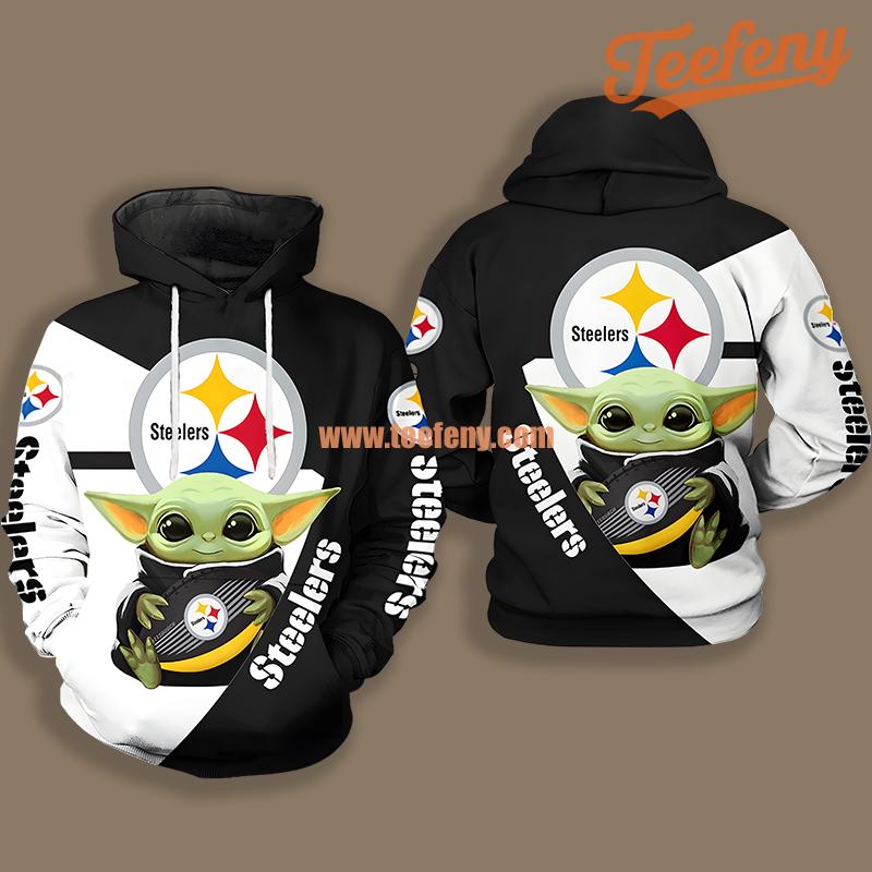 Pittsburgh Steelers Baby Yoda Star Wars White Black 3D Boys Hoodie