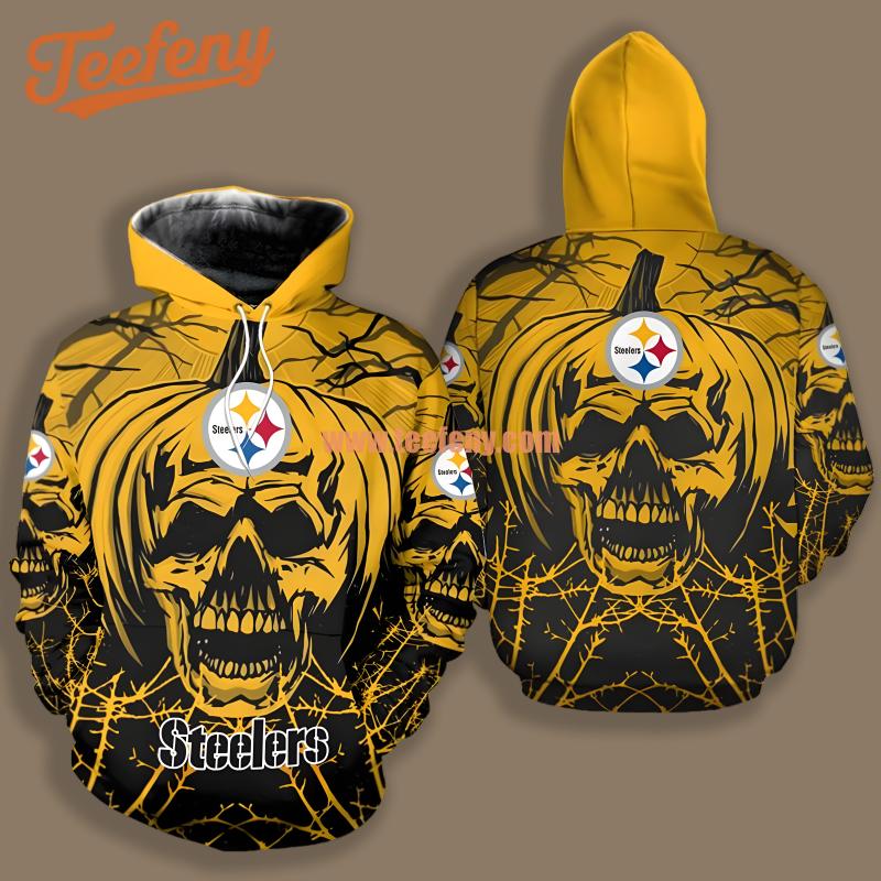 Pittsburgh Steelers Halloween Pumpkin Skull Yellow Black Novelty 3D Hoodie