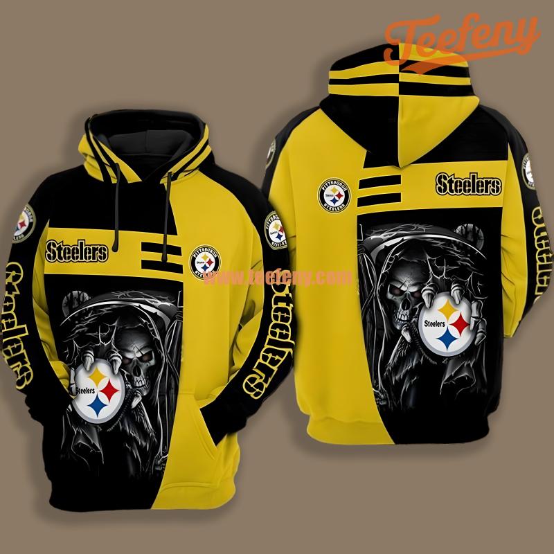Pittsburgh Steelers Hug Skull Yellow Black 3D Unisex Hoodie