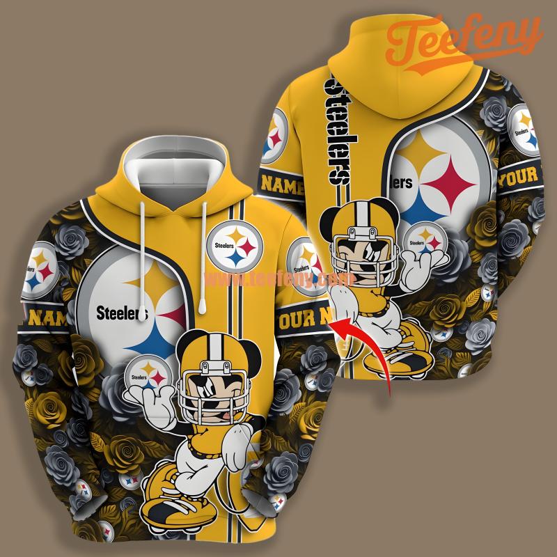 Pittsburgh Steelers Mickey Flower Personalized Yellow White Illusion 3D Hoodie