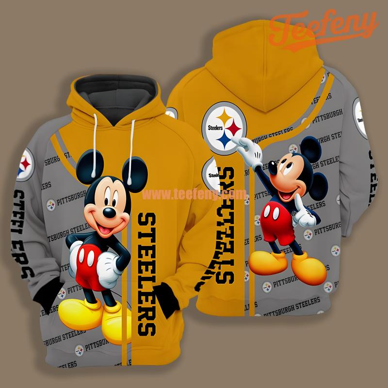 Pittsburgh Steelers Mickey Mouse Disney Grey Yellow Unisex 3D Hoodie